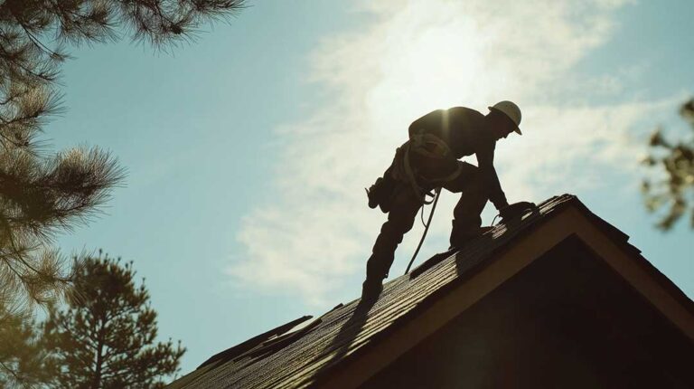 A homeowner and technician examining solar panels mounted on a residential roof during daylight hours.
