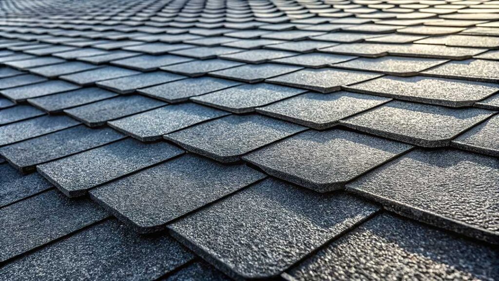 A person visually inspecting residential shingles from a ladder on a leafy, tree-lined street in mid-spring.