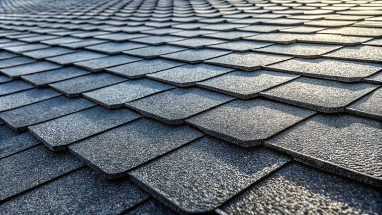 A person visually inspecting residential shingles from a ladder on a leafy, tree-lined street in mid-spring.